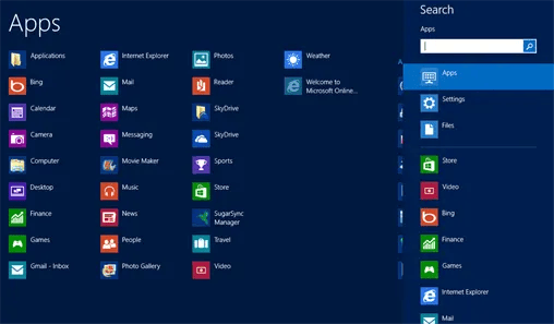 Screenshot of the Windows Apps interface displaying various application icons such as Internet Explorer, Photos, Mail, and Calendar, alongside a search bar on the right.