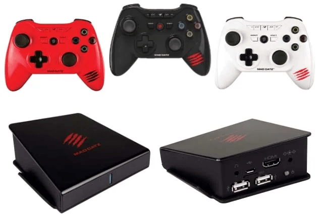Two game controllers in red, black, and white colors alongside a device with ports for HDMI and USB connections, showcasing gaming hardware.
