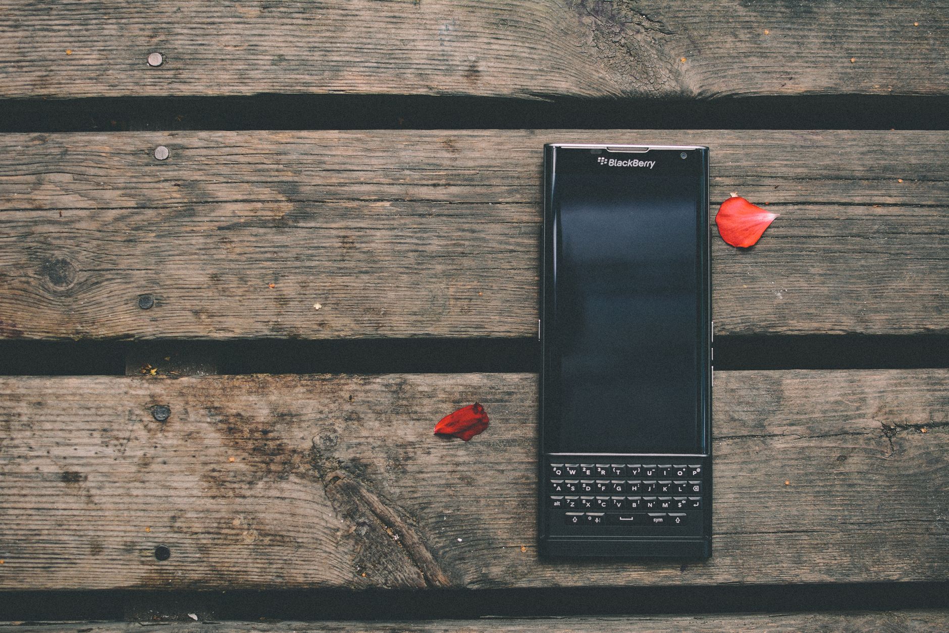 A BlackBerry smartphone lying on a wooden surface with a red rose petal next to it.