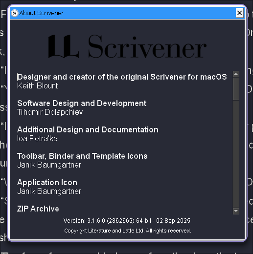 Scrivener About window displaying the software version and credits for various contributors, including the designer and creator, software development, additional design, and application icon.