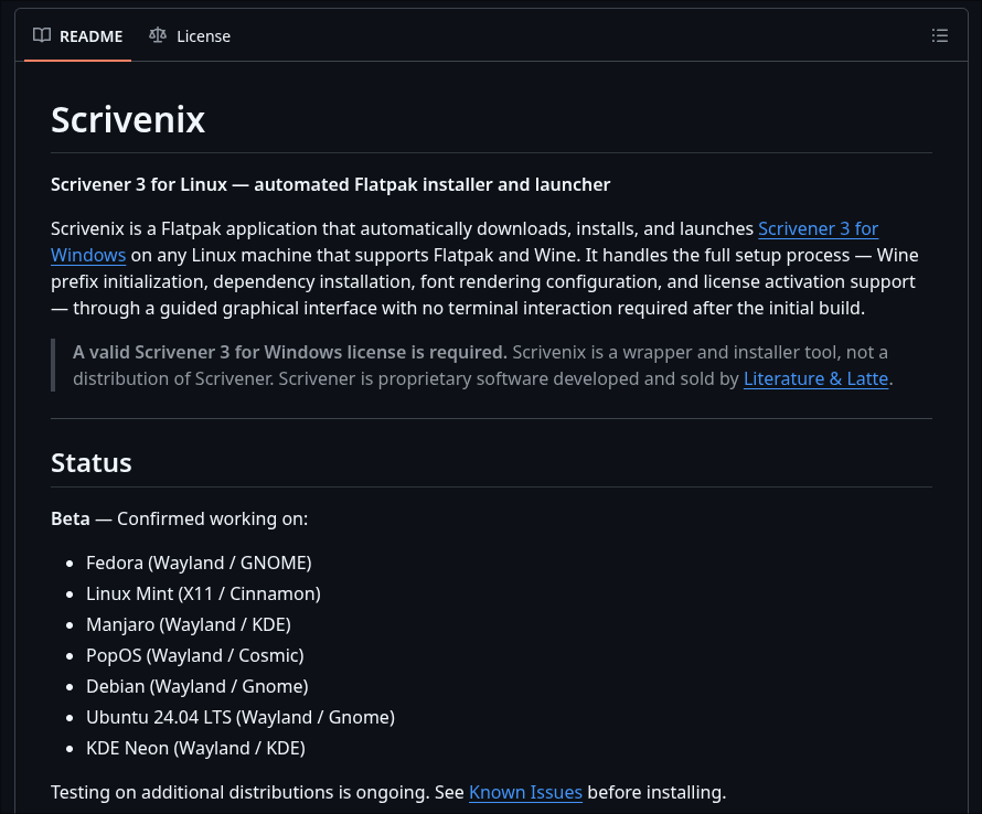 A README document for Scrivenix, an automated Flatpak installer and launcher for Scrivener 3 on Linux, outlining its functions, requirements, and supported distributions.