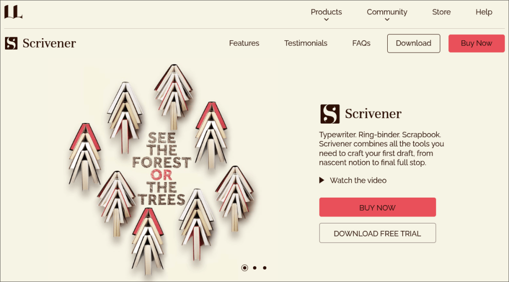 Scrivener software promotional image featuring stylized trees with the text 'SEE THE FOREST OR THE TREES' at the center, providing an overview of its writing tools and options to download or buy.