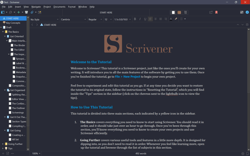 Screenshot of the Scrivener application interface, featuring a tutorial welcome message and sidebar navigation with various sections and tips.